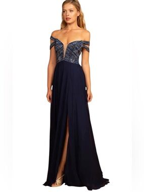 Navy One-Shoulder Evening Gown with Beaded Bodice